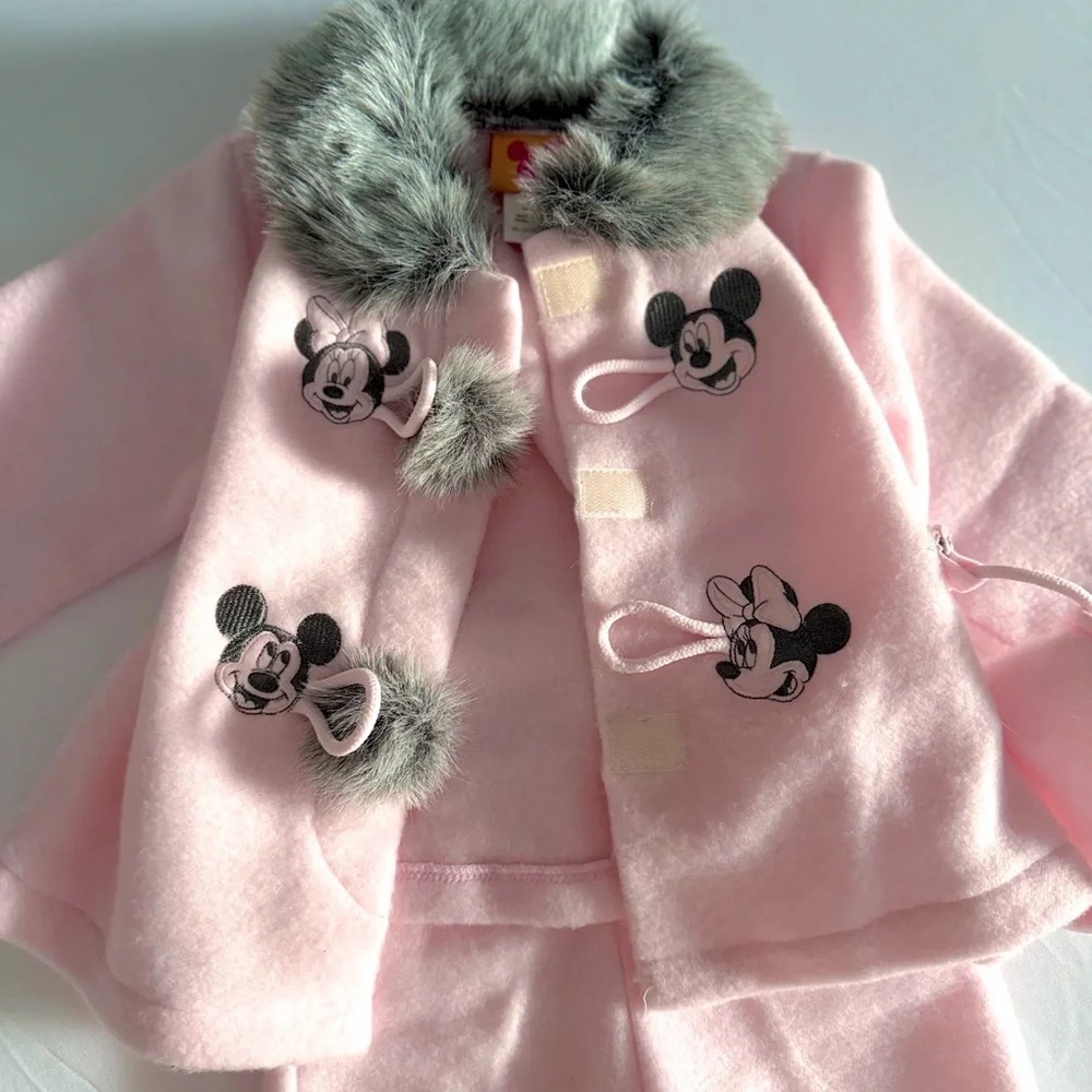 Vintage Y2K‎ Disney Baby Mickey Minnie Pink Fleece Set Faux Fur Coat Pants 12M
